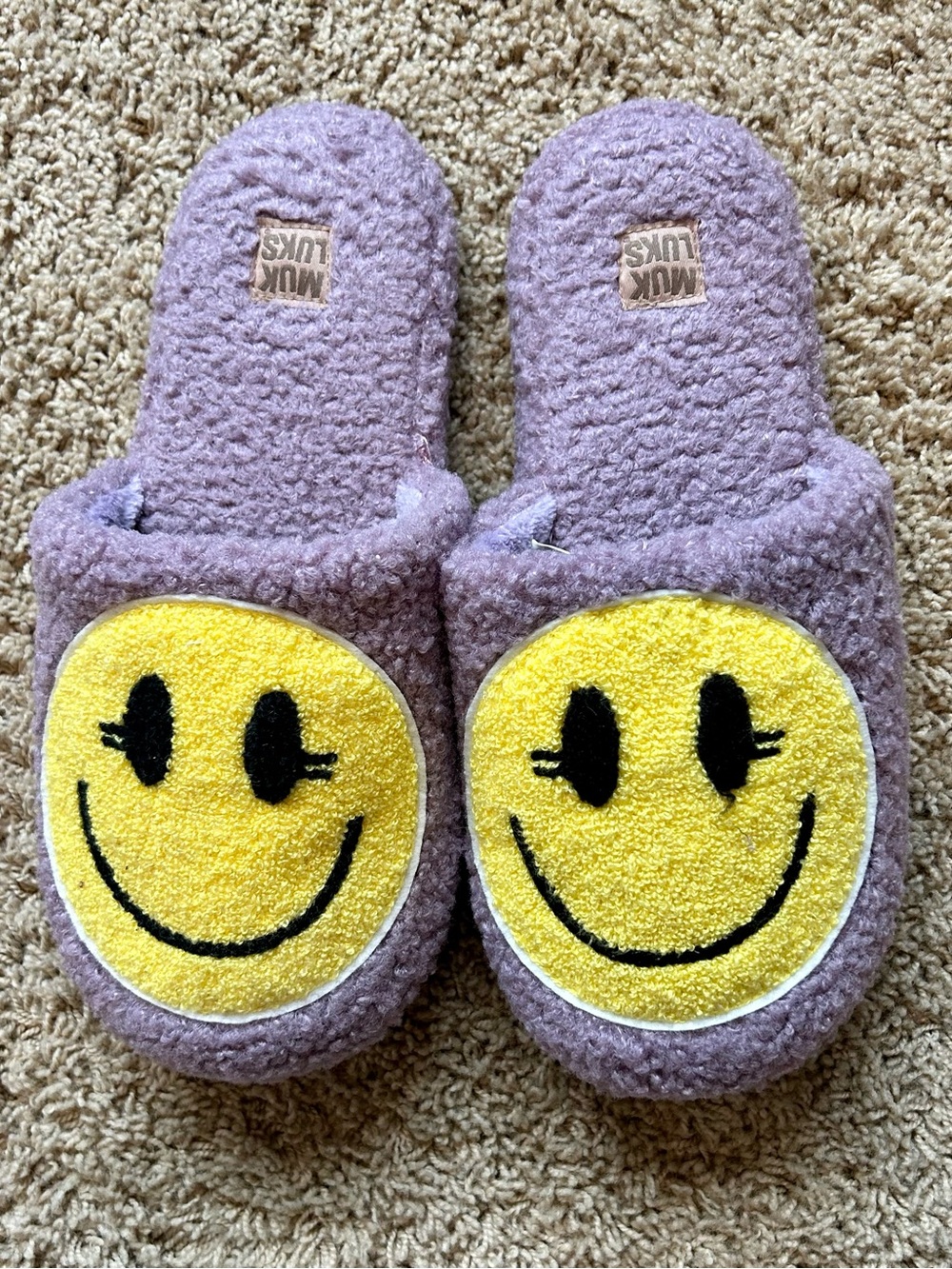 Muk Luks Purple Plush Slippers with Yellow Smiley Faces